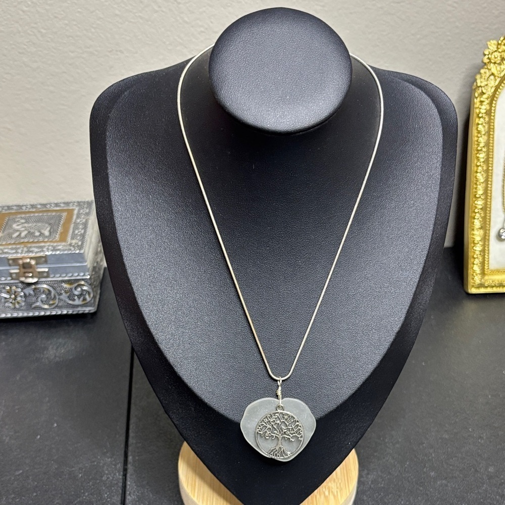 Silver Tone Glass Charm Tree of Life Necklace